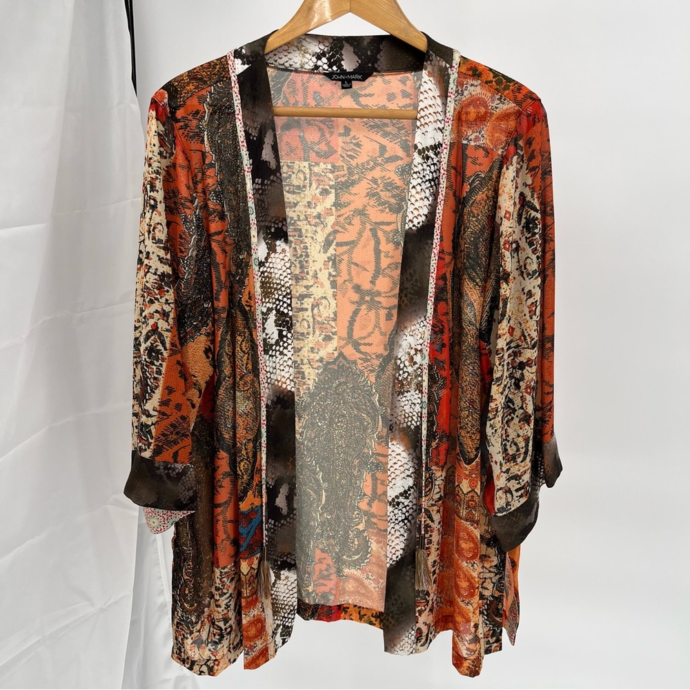 John + Mark Boho Patchwork Kimono Size L Cardigan Open Front Tassel Duster